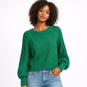 LUSH Green Knit Balloon Sleeve Sweater Ribbed Hem Womens M